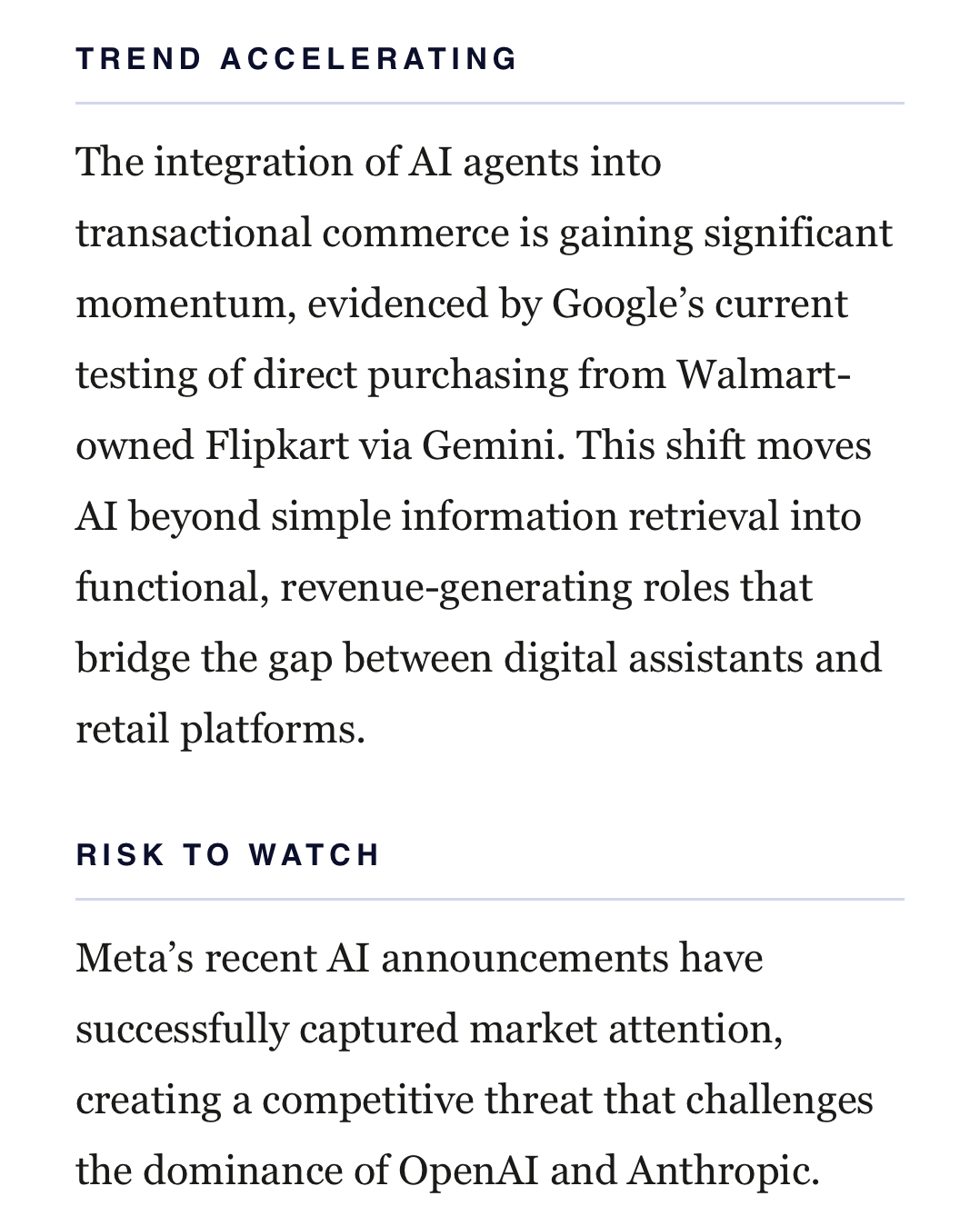 Trend Accelerating and Risk to Watch analysis sections from the Daily AI Briefing